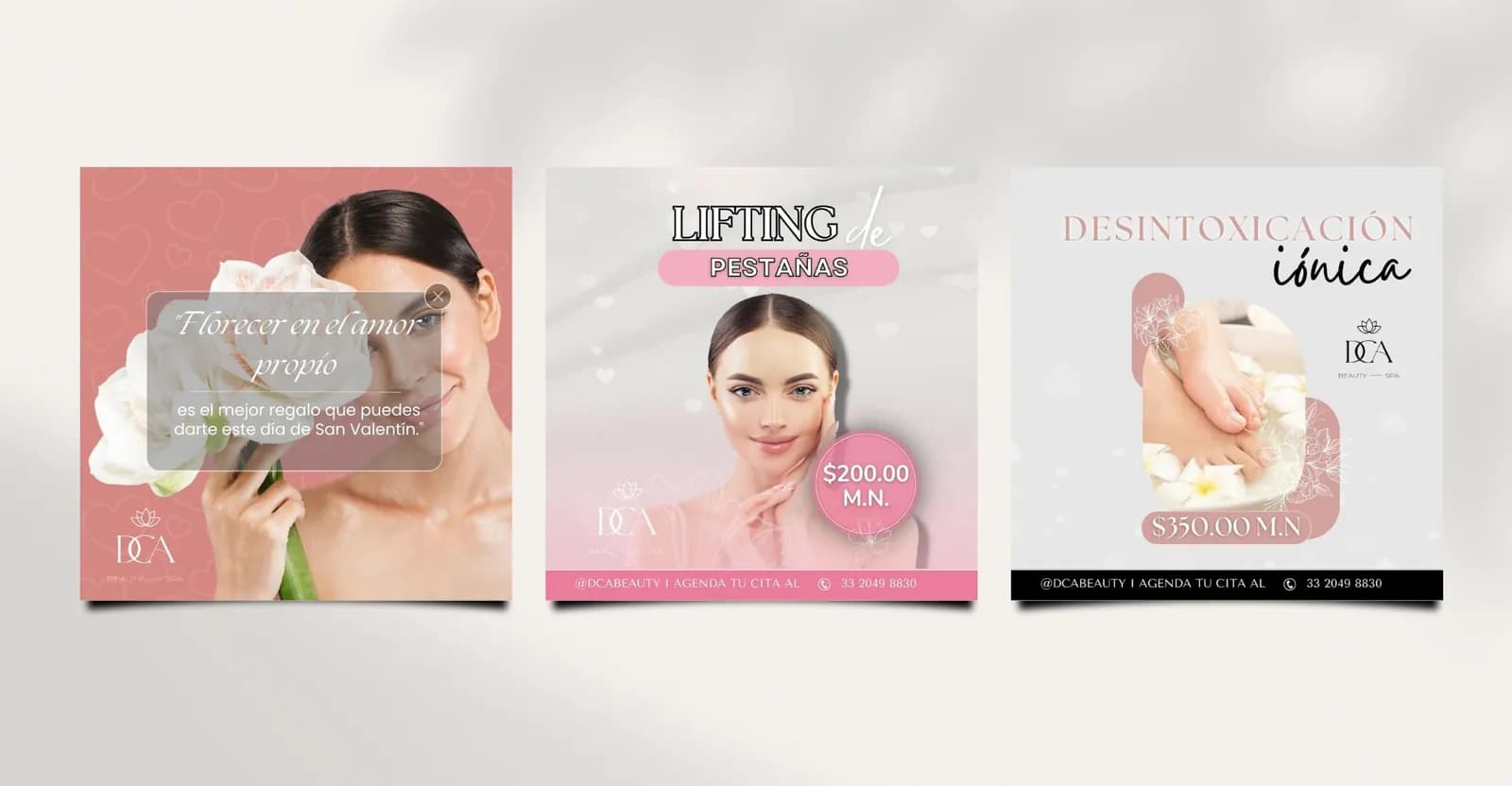 Publicaciones de DCA Beauty para redes sociales