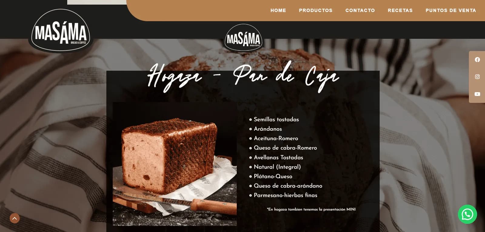 Captura de pantalla del sitio de Masama Bread