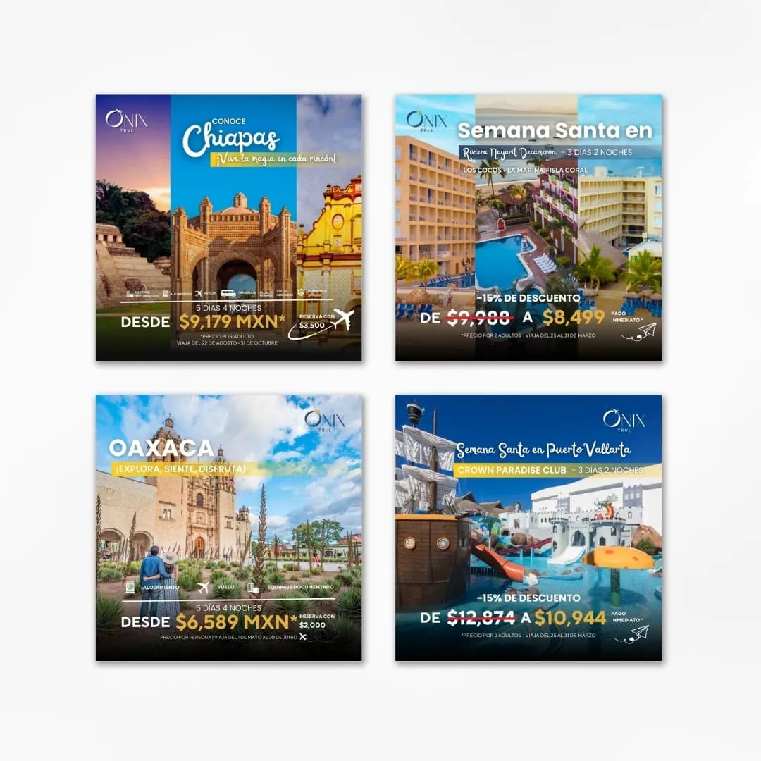 Publicaciones de Onix Travel para redes sociales