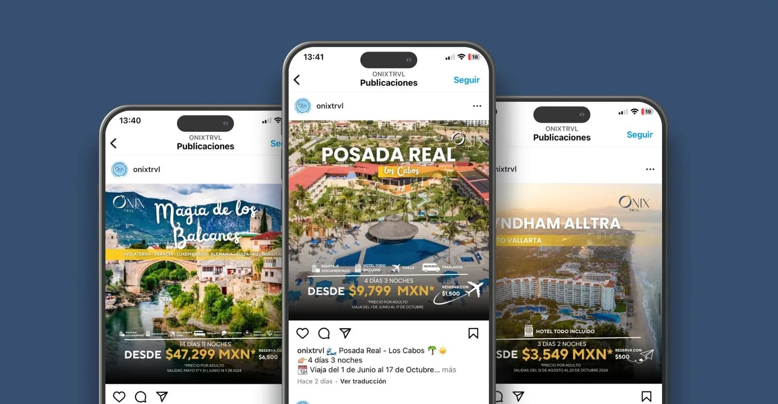 Publicaciones de Onix Travel para redes sociales