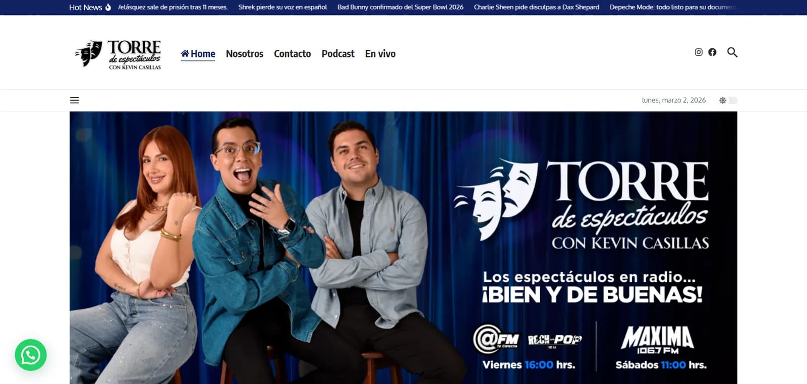 Captura de pantalla del sitio de Torre de Espectáculos