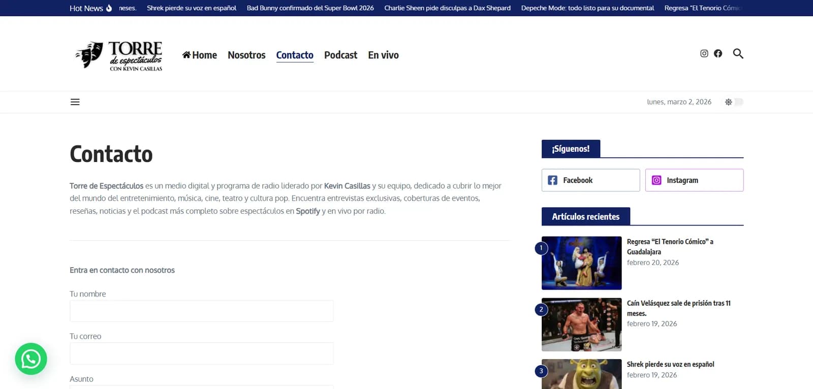 Captura de pantalla del sitio de Torre de Espectáculos