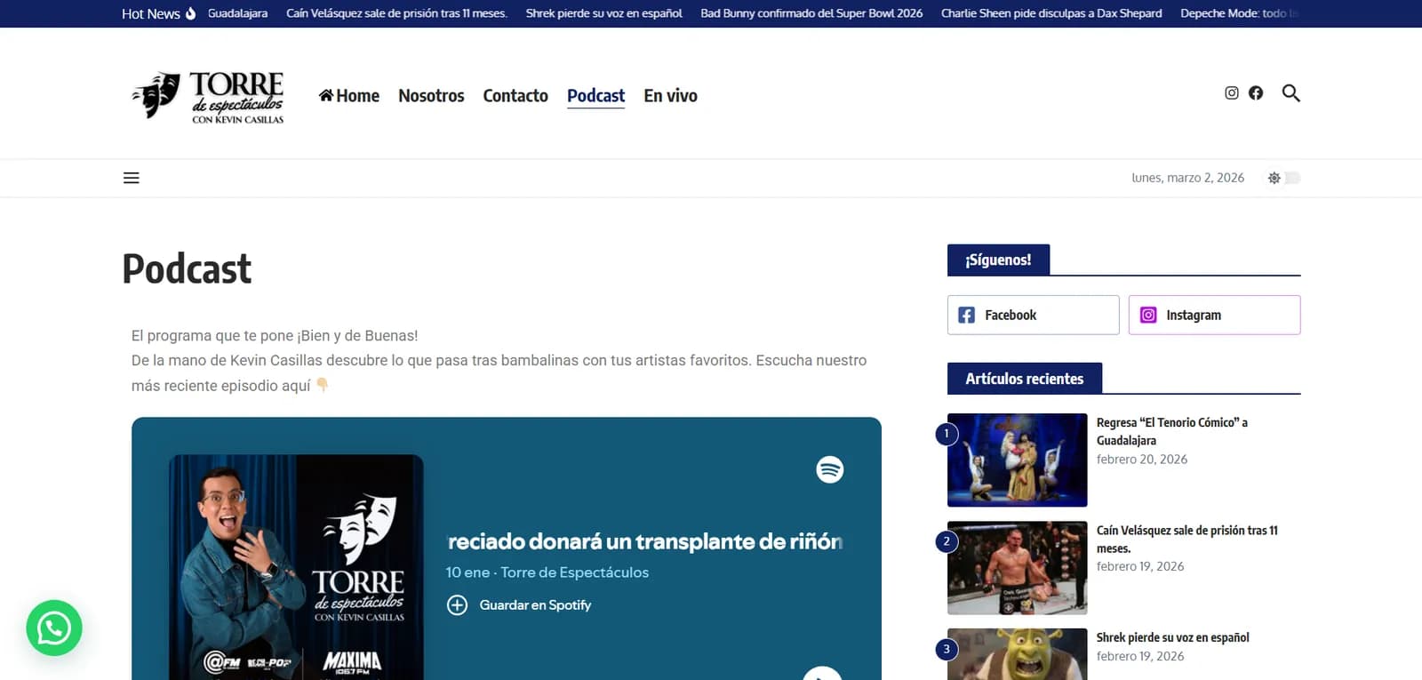Captura de pantalla del sitio de Torre de Espectáculos